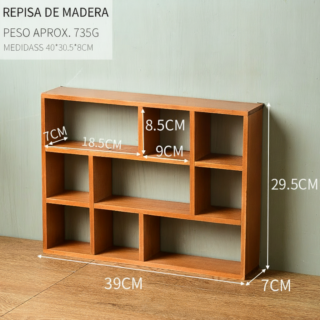 Repisa de madera con 9 nichos calados para pared - 2
