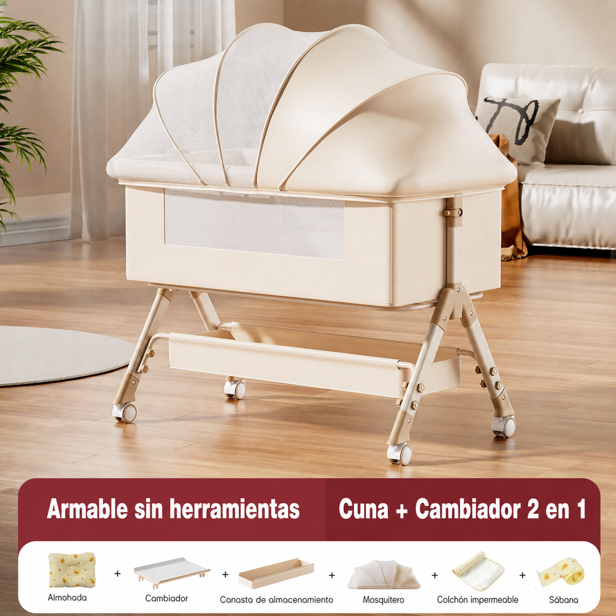 Cuna plegable multifuncional para bebé con mosquitero - 1