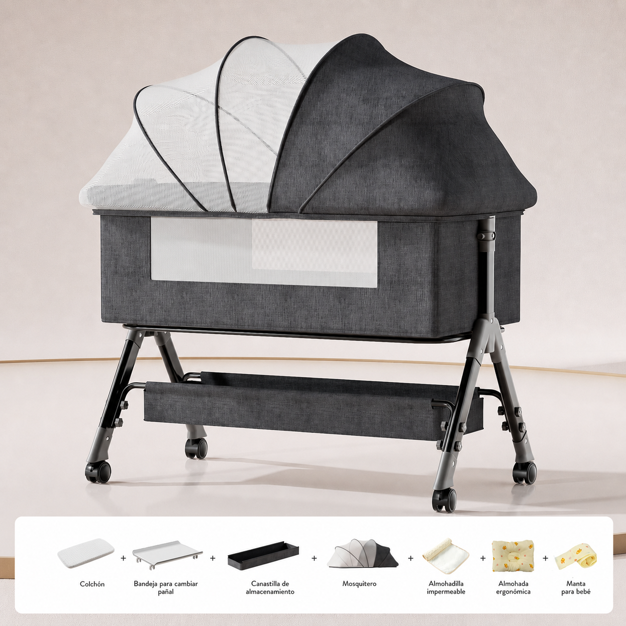 Cuna plegable multifuncional para bebé con mosquitero