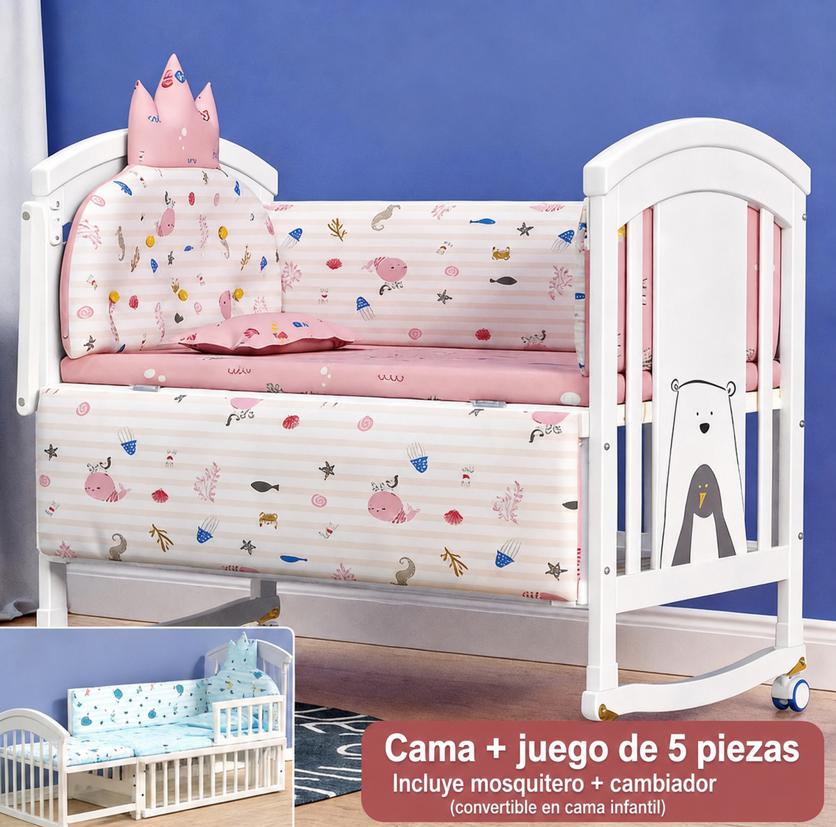Cama infantil de pino para bebé hasta 12 años, 118 cm