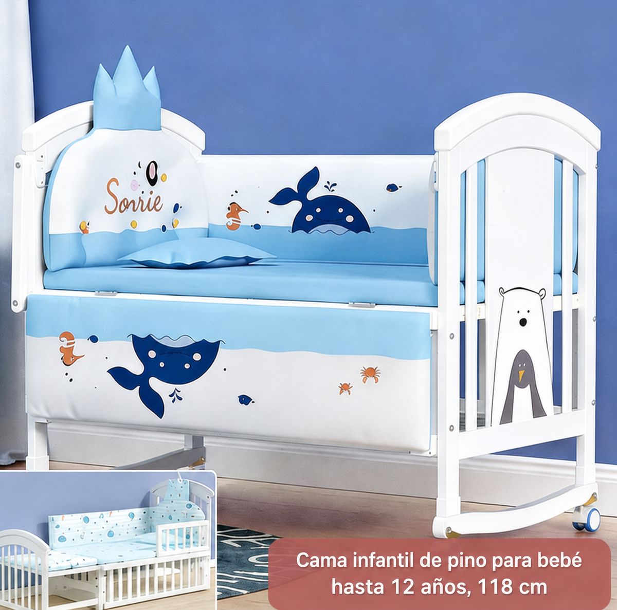 Cama infantil de pino para bebé hasta 12 años, 118 cm
