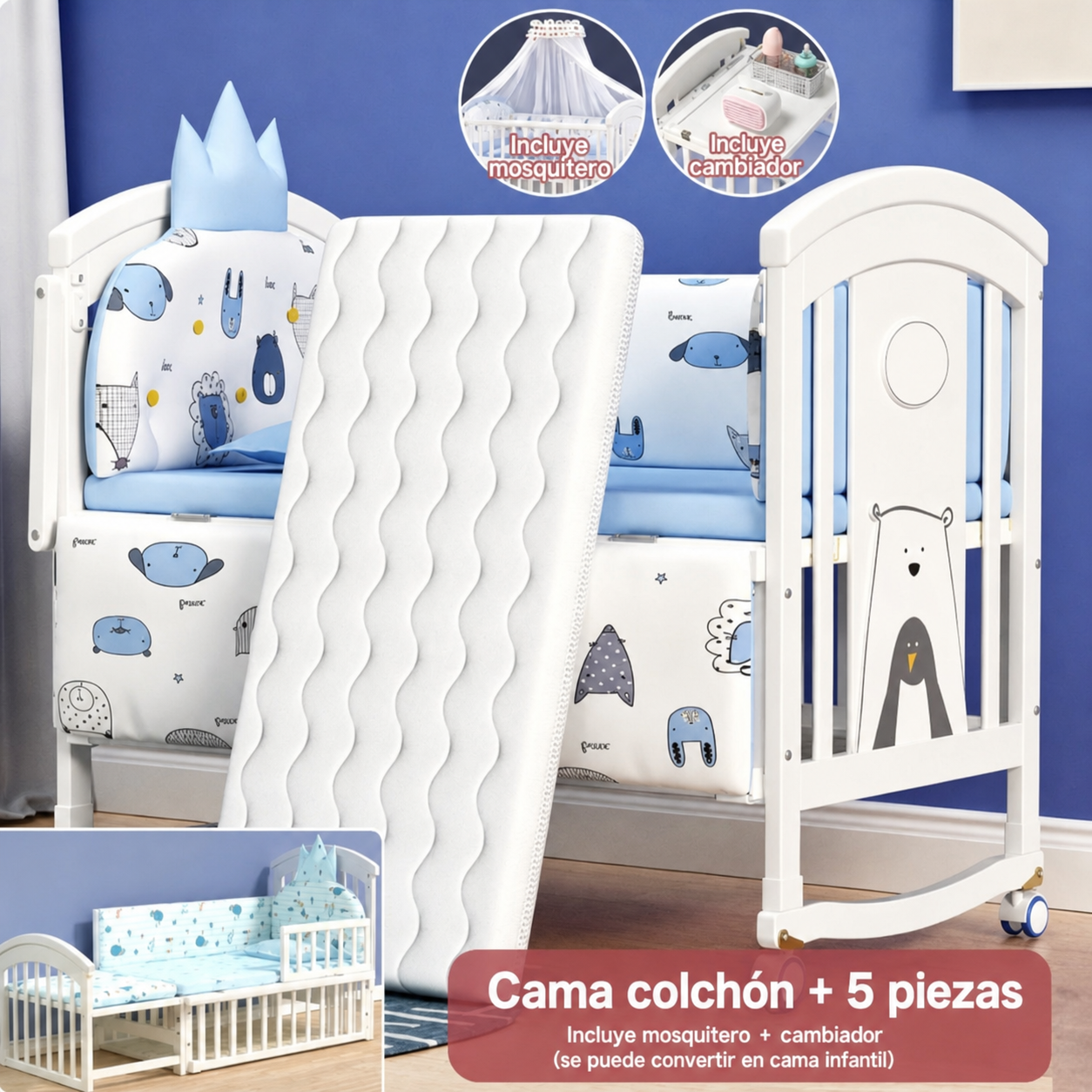 Cama infantil de pino para bebé hasta 12 años, 118 cm