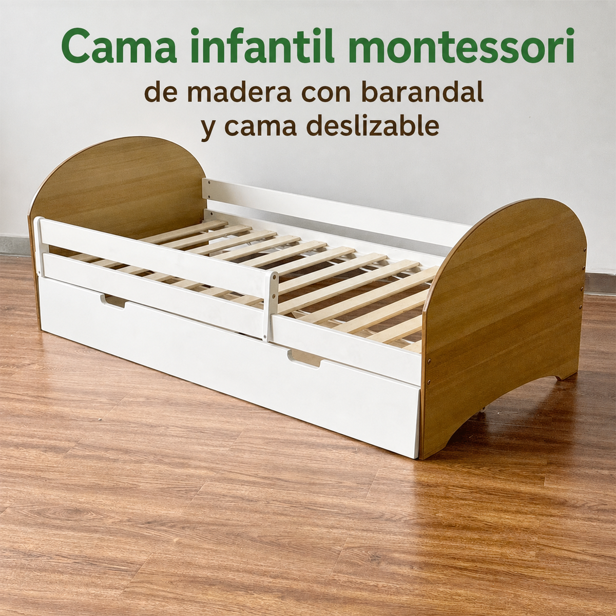 Cama infantil de madera con barandal y cama deslizable - 1