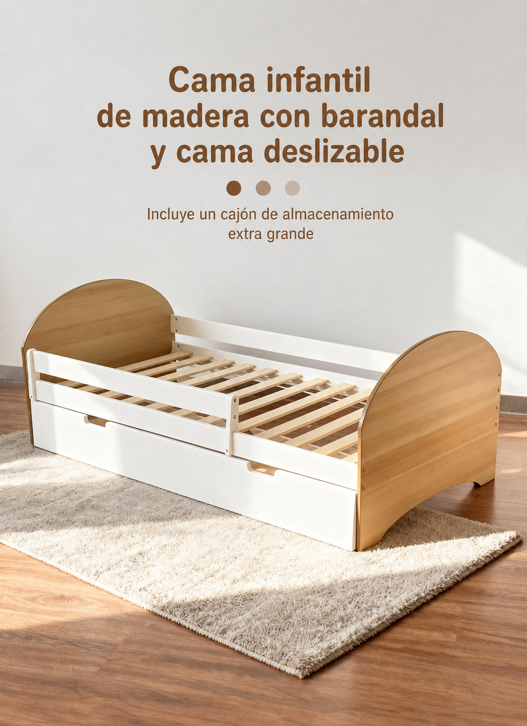 Cama infantil de madera con barandal y cama deslizable - 6