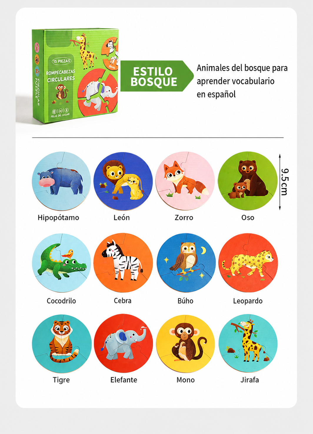 Rompecabezas de madera para niños en ingles con animales 15 cm - 11