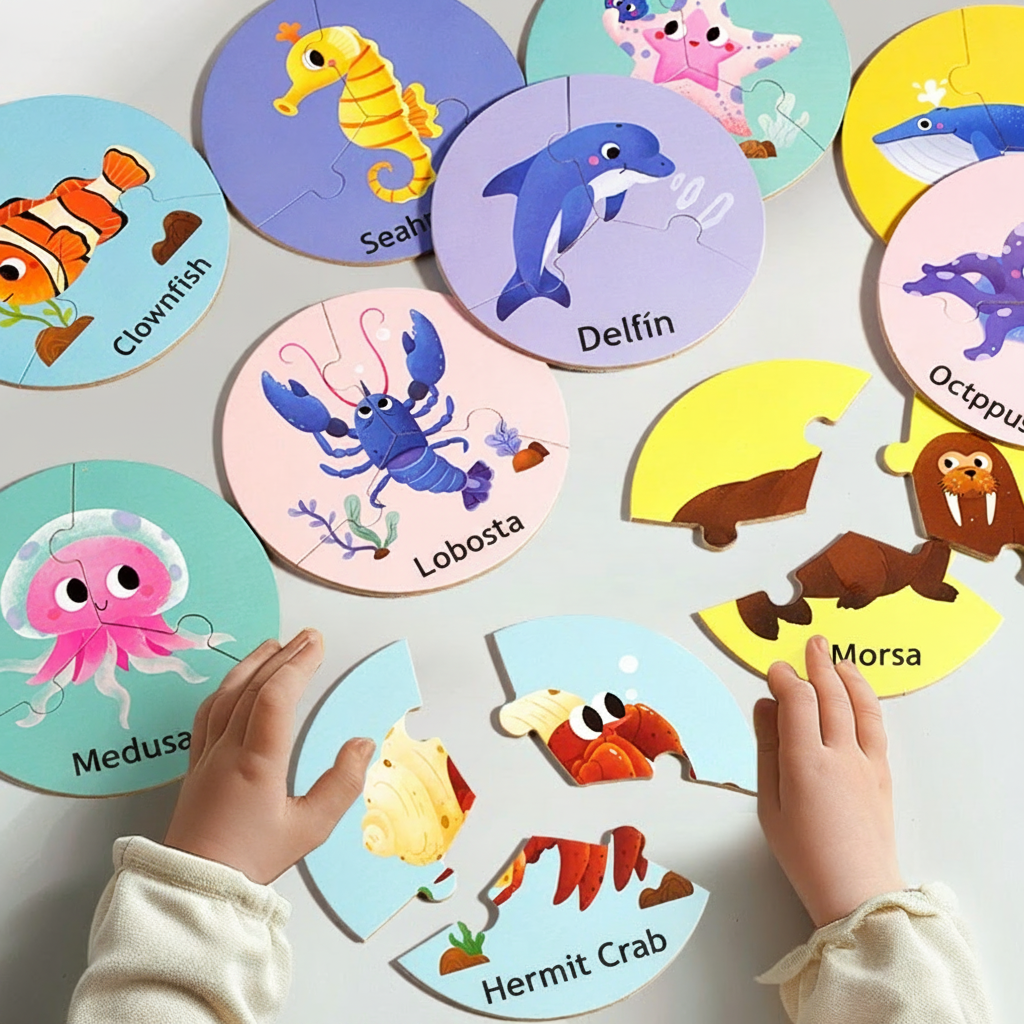 Rompecabezas de madera para niños en ingles con animales 15 cm - 2