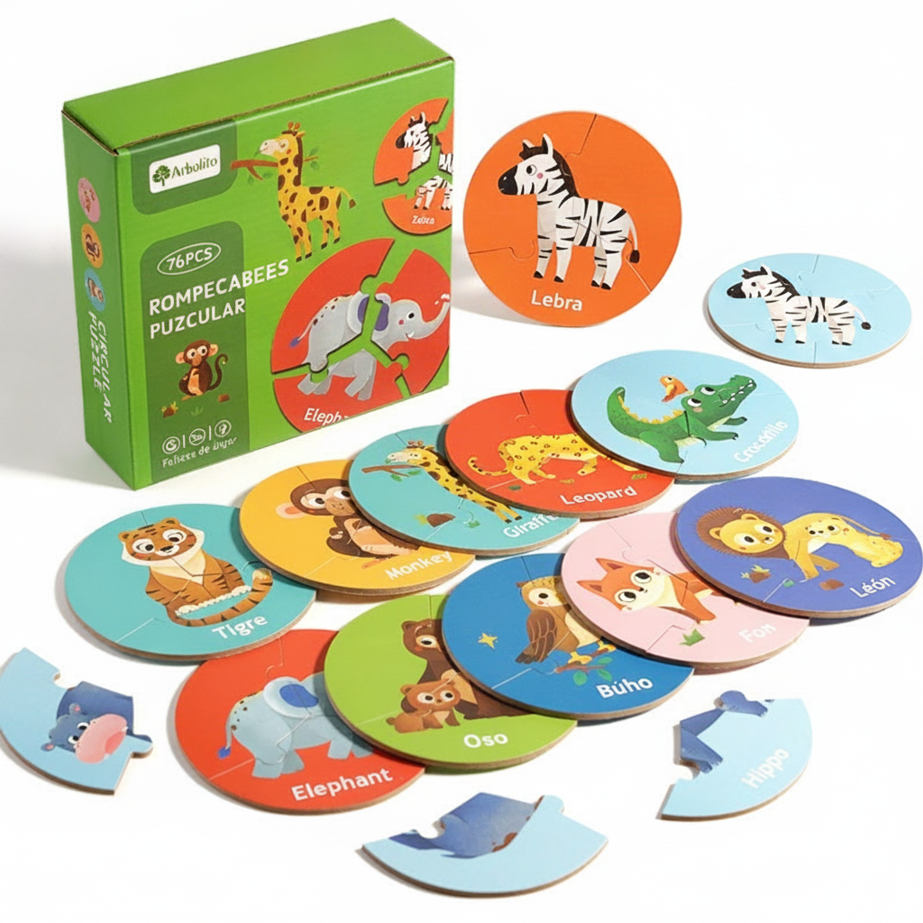 Rompecabezas de madera para niños en ingles con animales 15 cm - 6