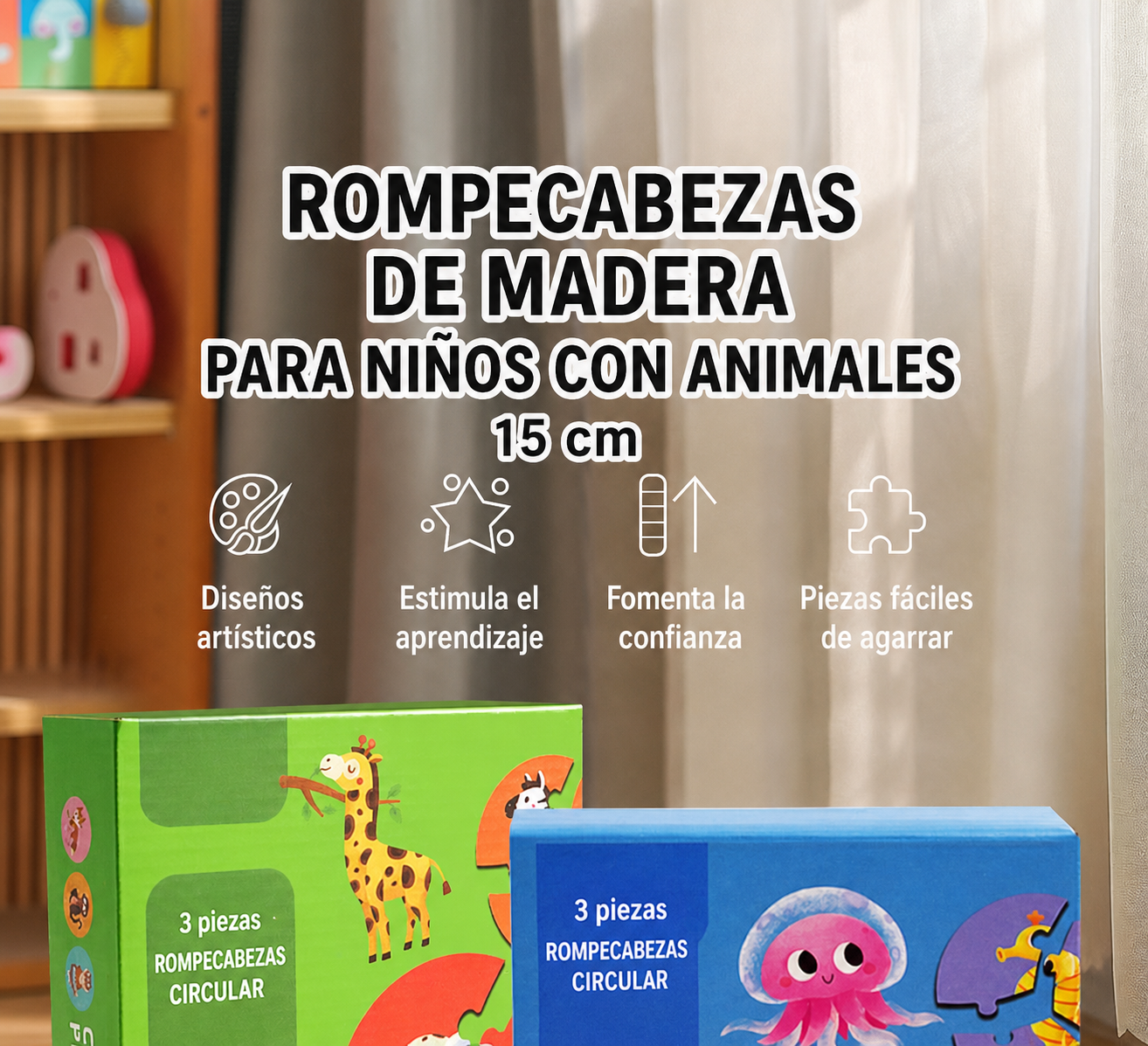 Rompecabezas de madera para niños en ingles con animales 15 cm - 8