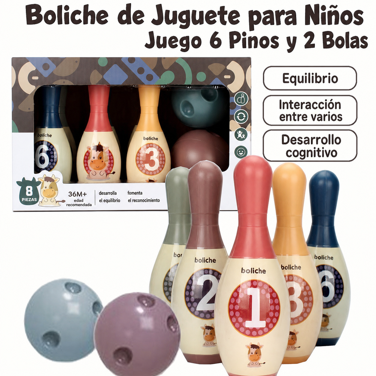 Boliche de Juguete para Niños Set 6 Pinos y 2 Bolas - 1