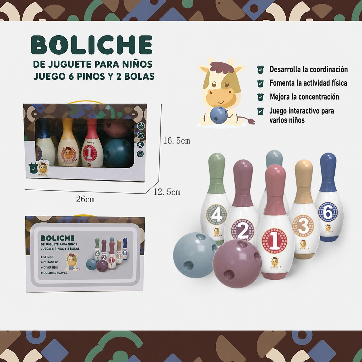Boliche de Juguete para Niños Set 6 Pinos y 2 Bolas - 11