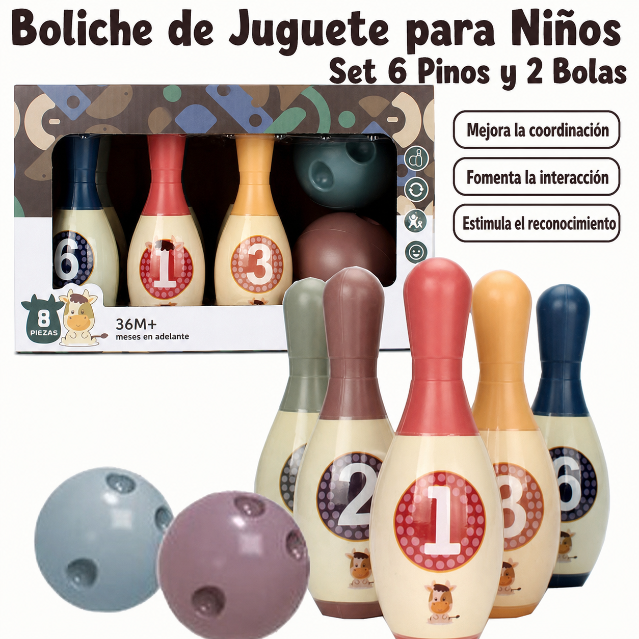 Boliche de Juguete para Niños Set 6 Pinos y 2 Bolas - 13