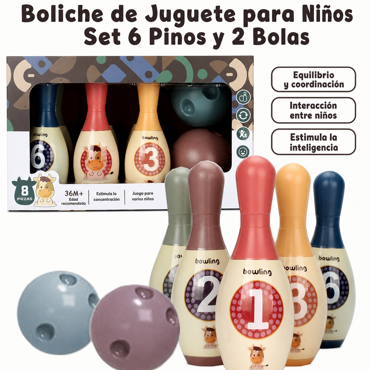 Boliche de Juguete para Niños Set 6 Pinos y 2 Bolas - 6