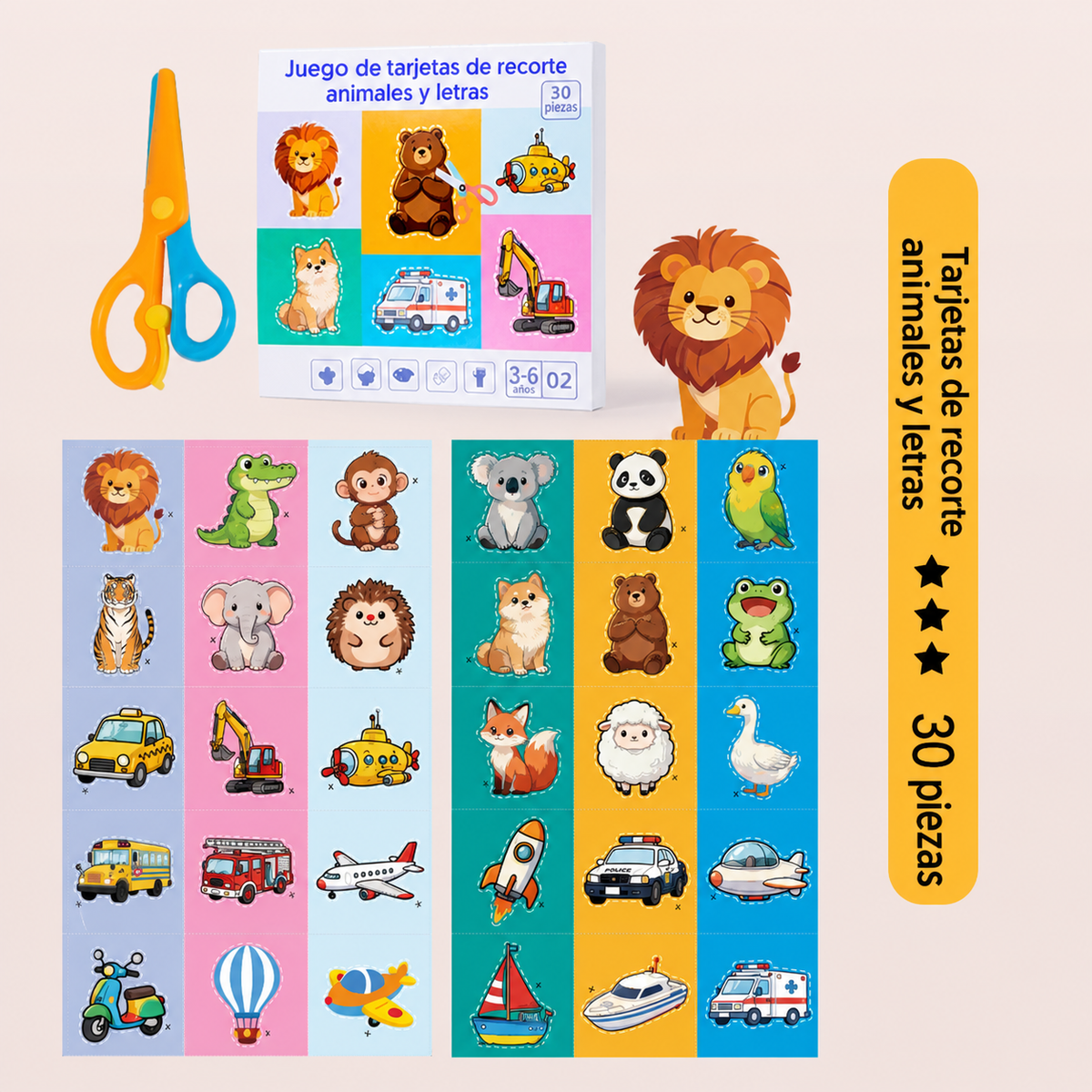 Juego de tarjetas de recorte animales y letras 4-6 años