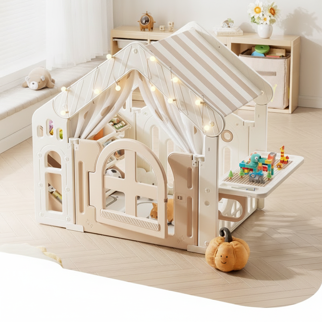 Casita de juegos infantil con mesa de bloques y estante - 1