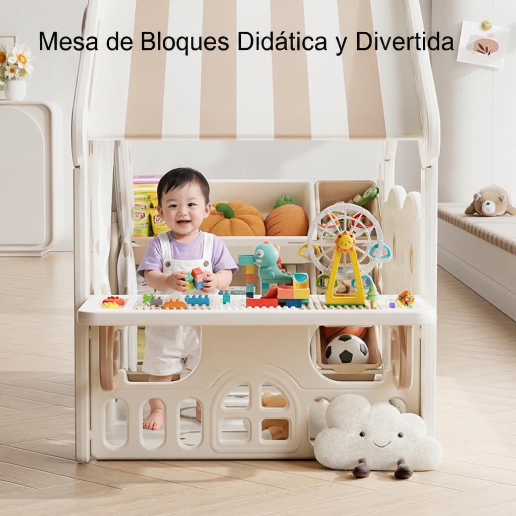 Casita de juegos infantil con mesa de bloques y estante - 3