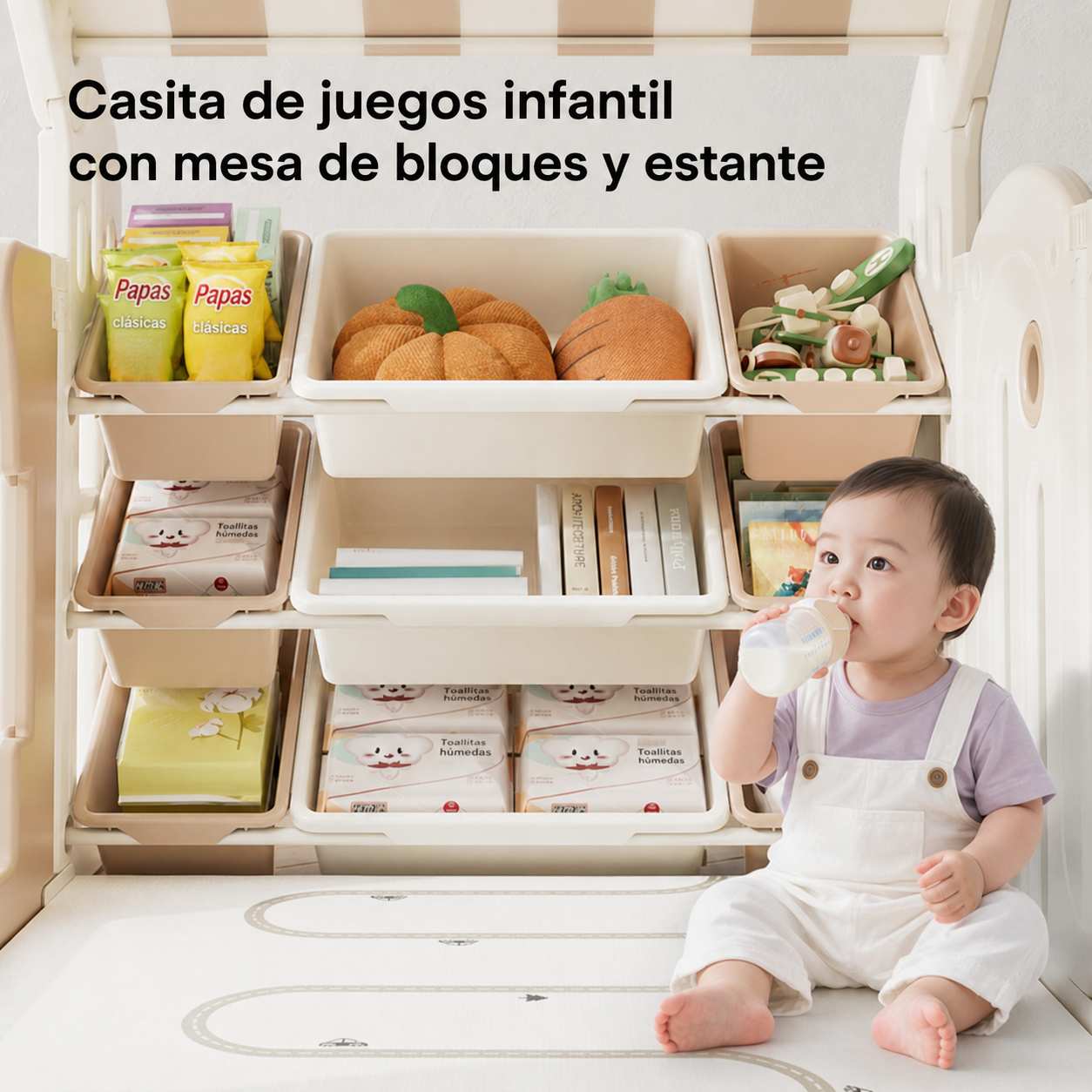 Casita de juegos infantil con mesa de bloques y estante - 4