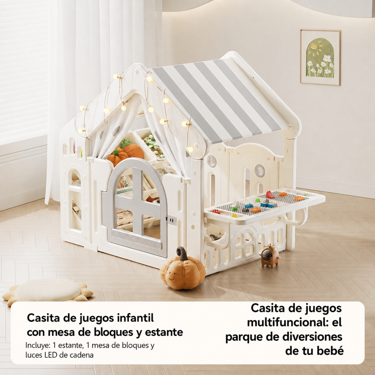 Casita de juegos infantil con mesa de bloques y estante