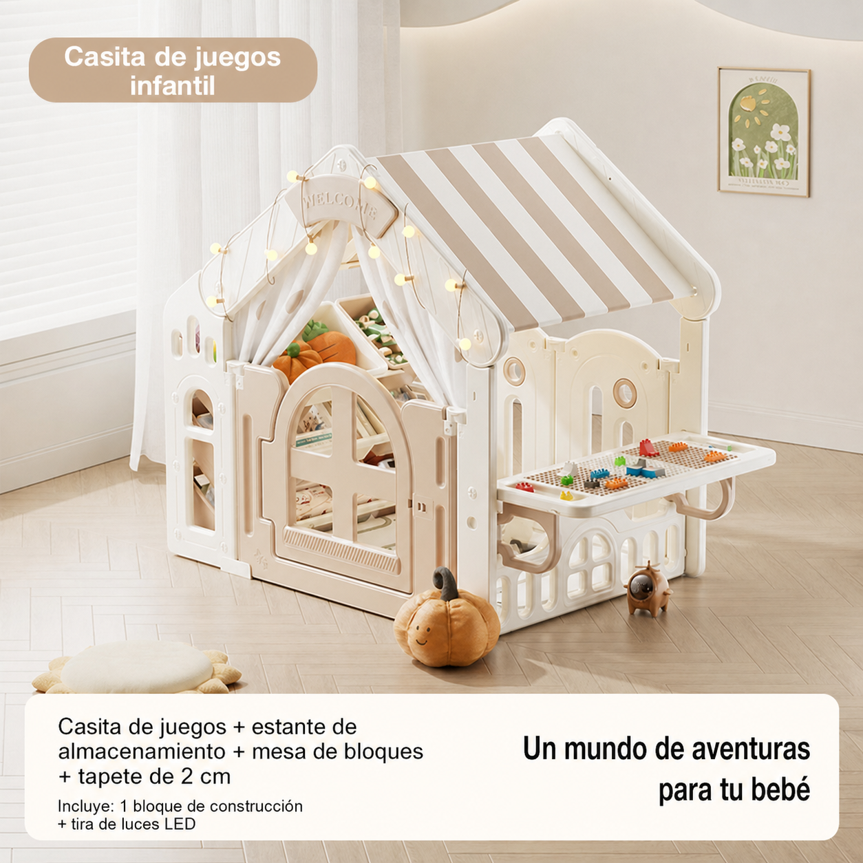 Casita de juegos infantil con mesa de bloques y estante