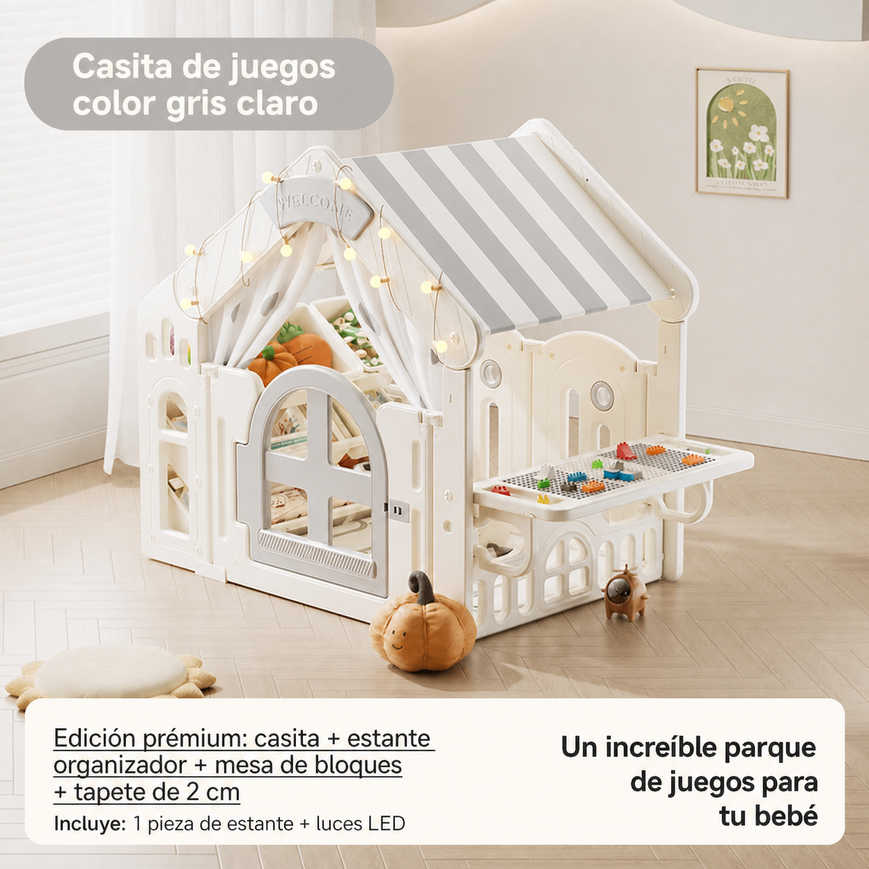 Casita de juegos infantil con mesa de bloques y estante