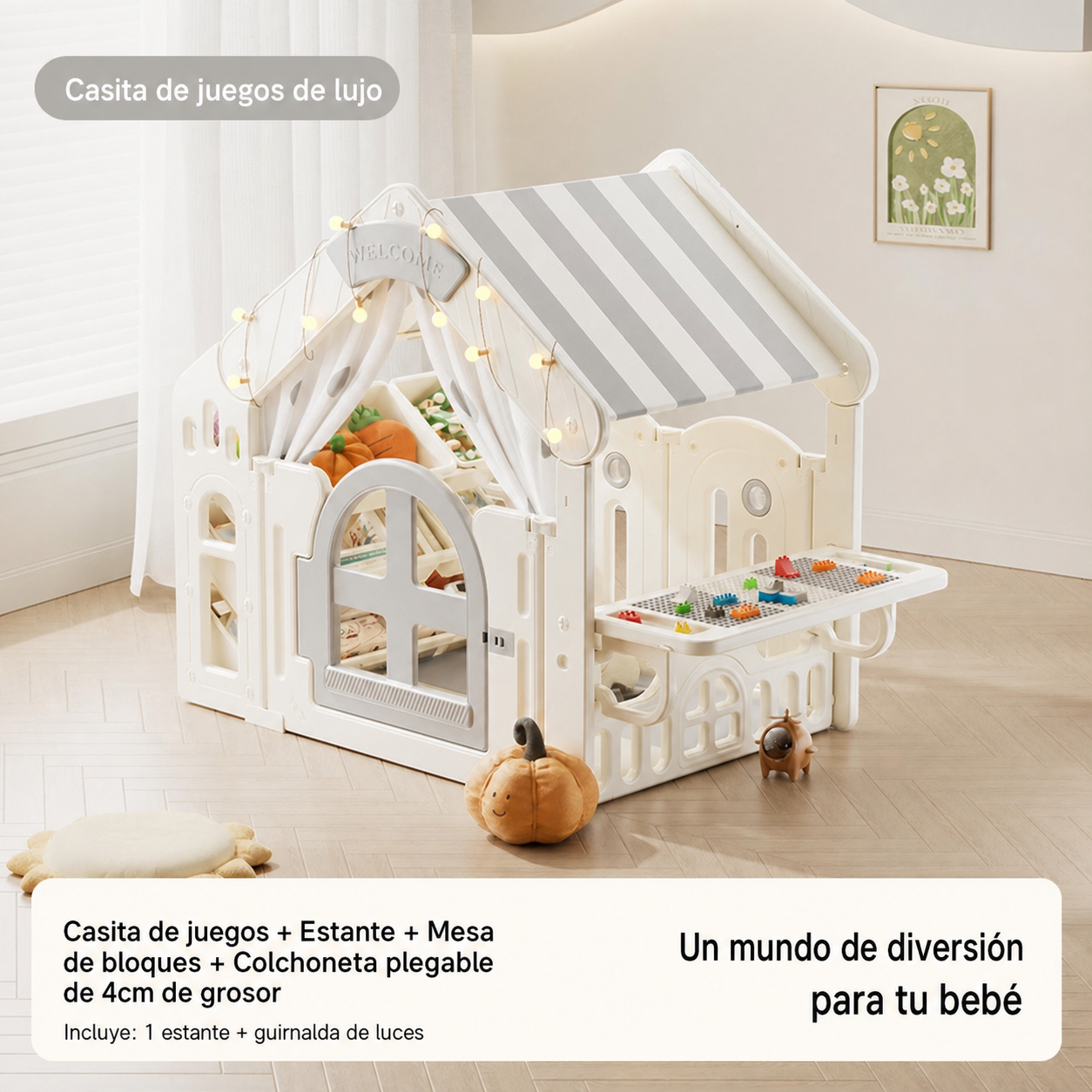 Casita de juegos infantil con mesa de bloques y estante