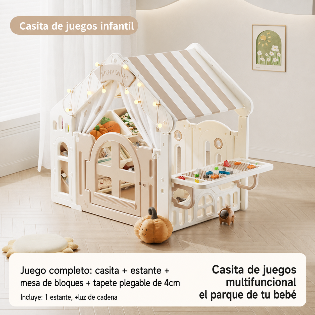 Casita de juegos infantil con mesa de bloques y estante