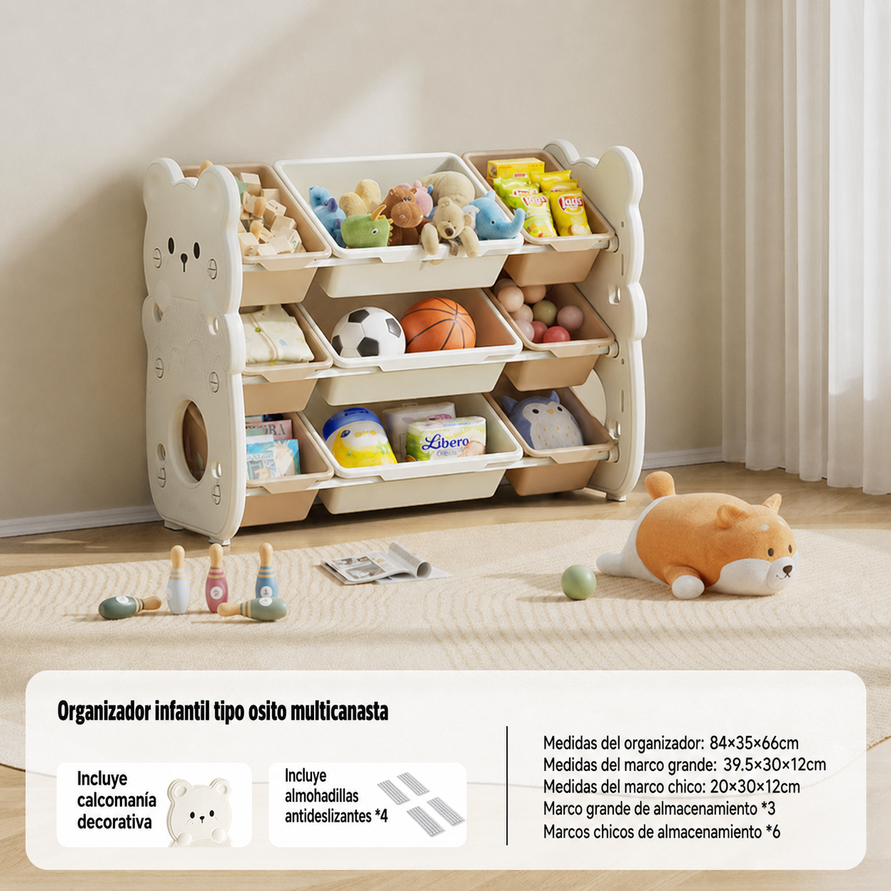 Organizador de juguetes infantil tipo osito multicanasta