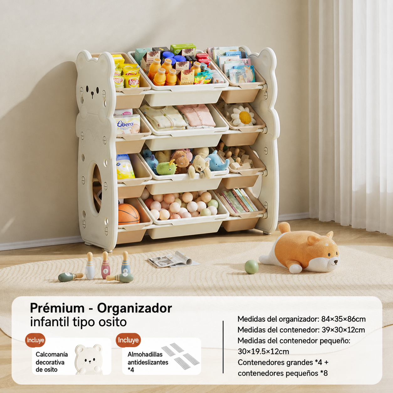 Organizador de juguetes infantil tipo osito multicanasta