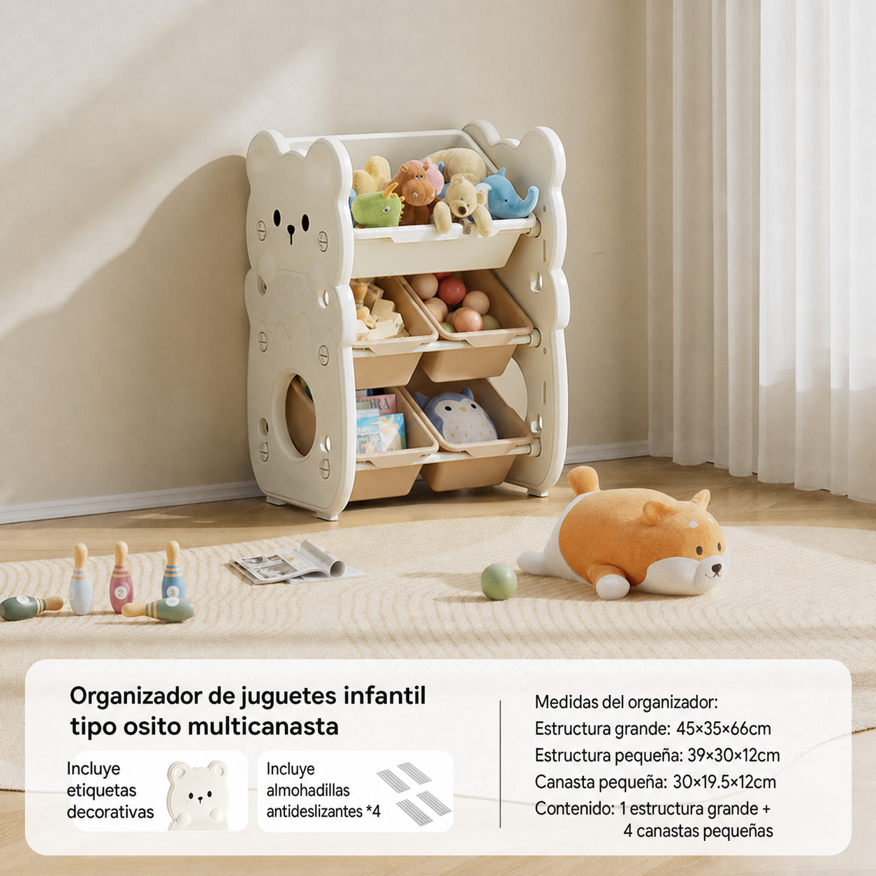 Organizador de juguetes infantil tipo osito multicanasta