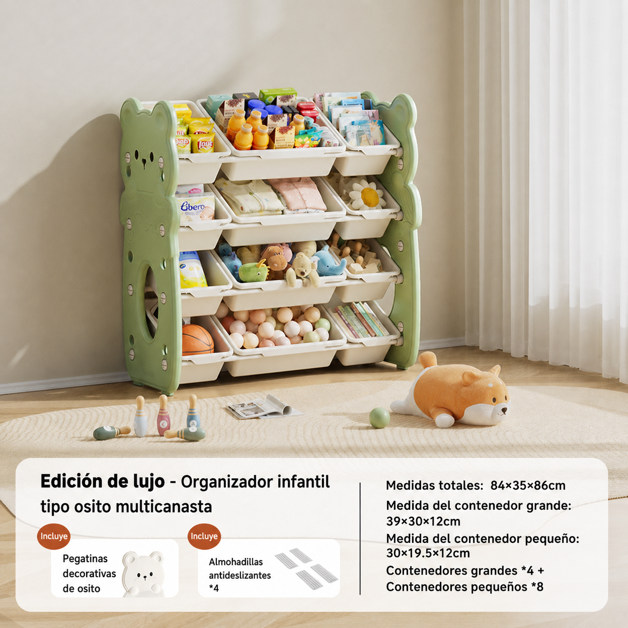 Organizador de juguetes infantil tipo osito multicanasta