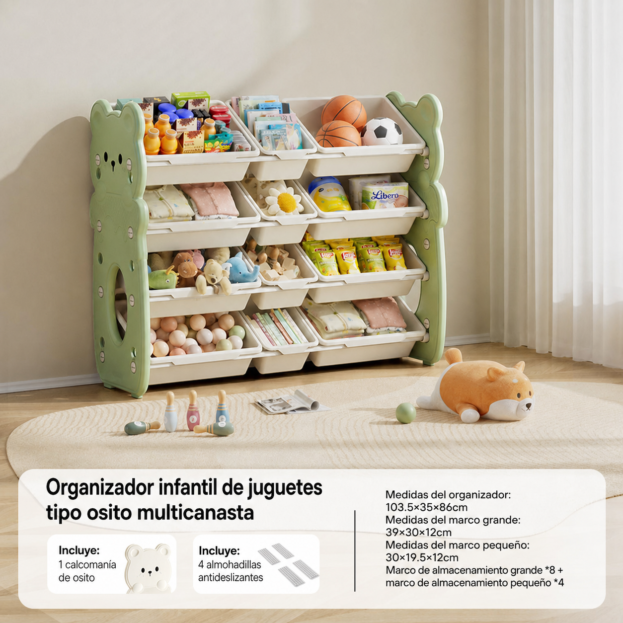 Organizador de juguetes infantil tipo osito multicanasta