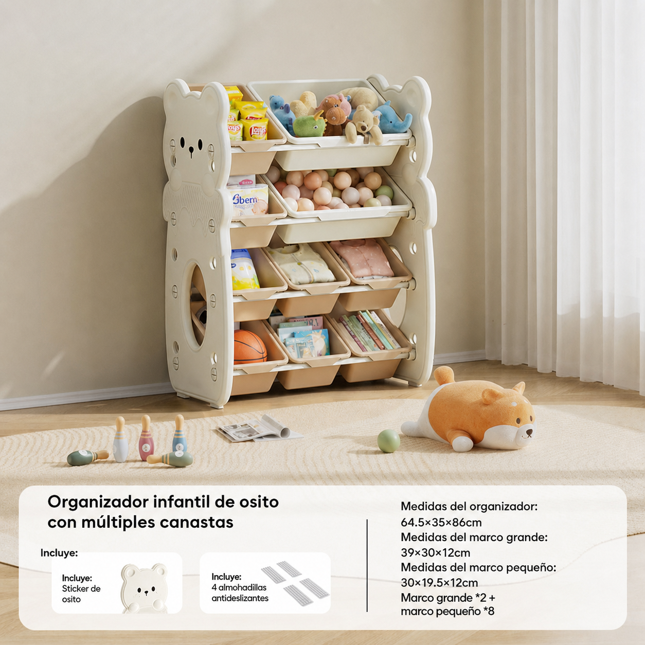 Organizador de juguetes infantil tipo osito multicanasta