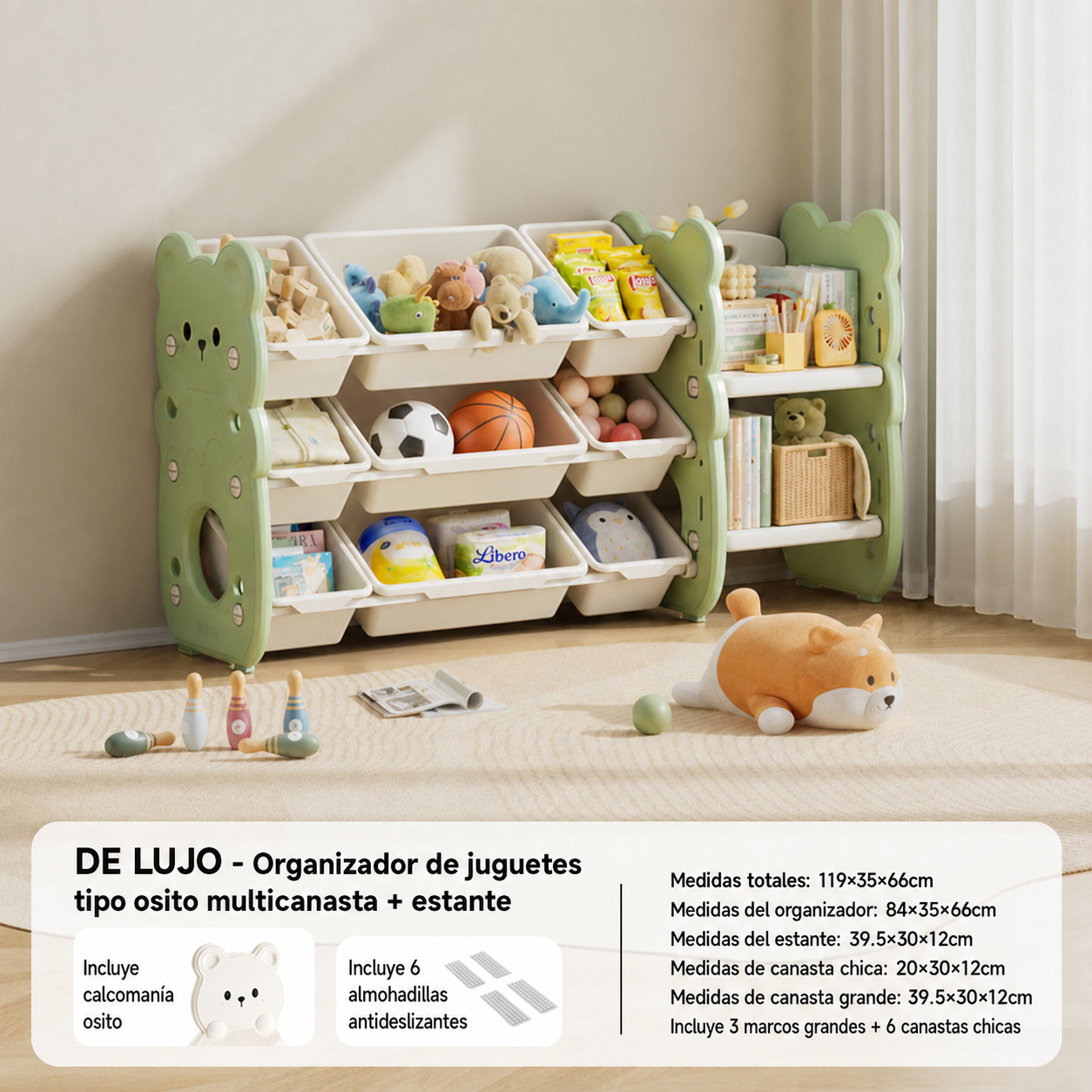 Organizador de juguetes infantil tipo osito multicanasta