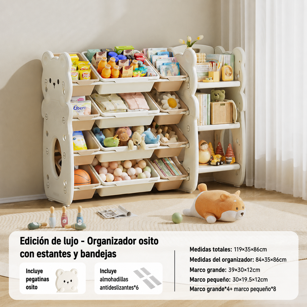 Organizador de juguetes infantil tipo osito multicanasta