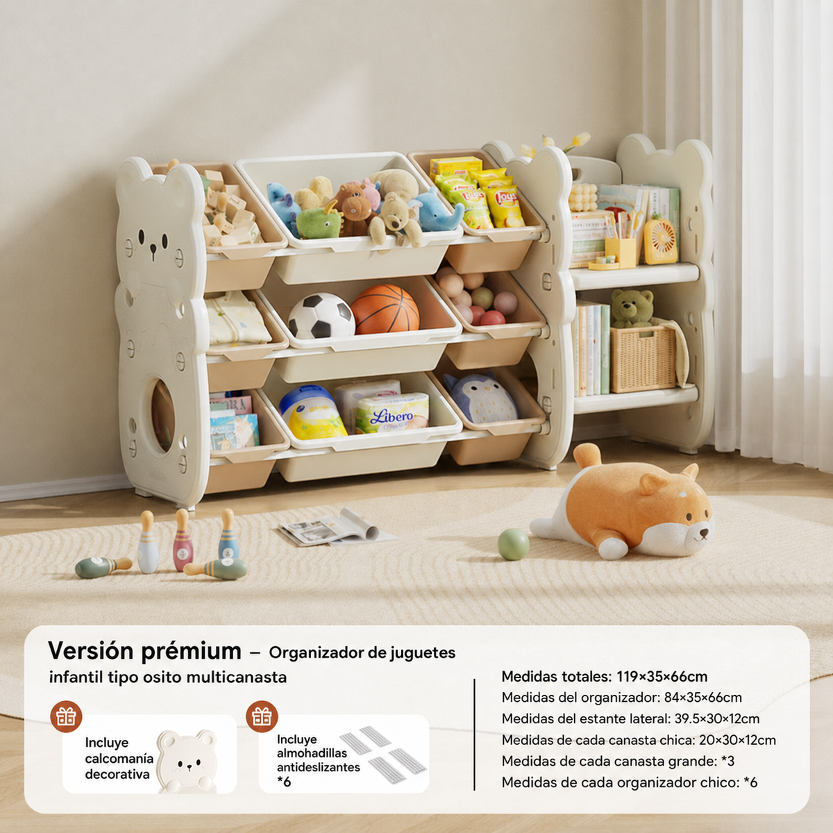 Organizador de juguetes infantil tipo osito multicanasta