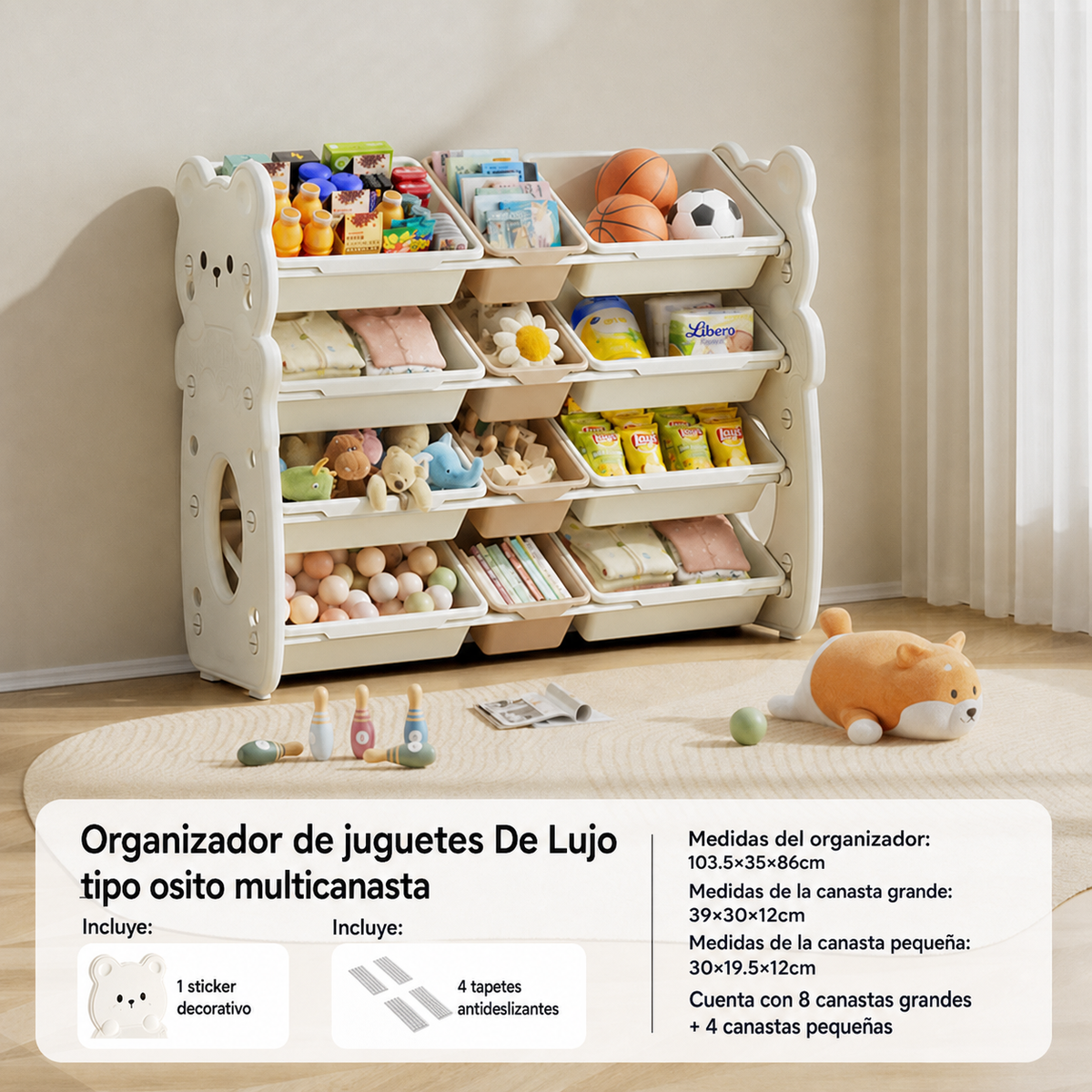 Organizador de juguetes infantil tipo osito multicanasta