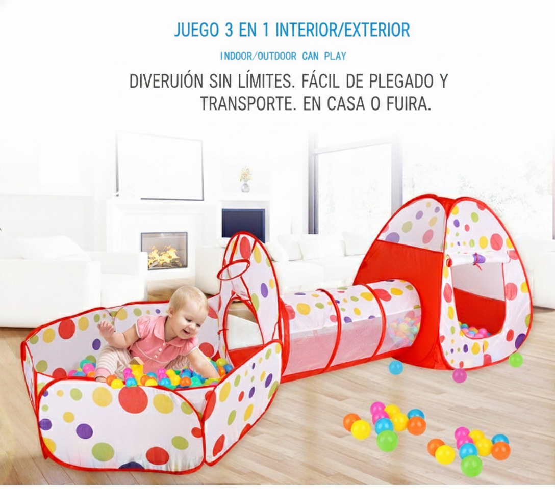 Casita de juegos infantil 3 en 1 con túnel y alberca - 12