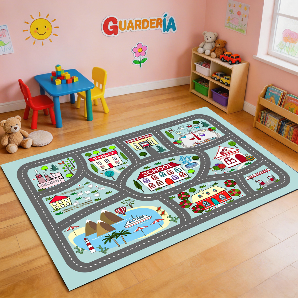 Tapete Infantil de Juego con Pista de Carreras y Ciudad - 8