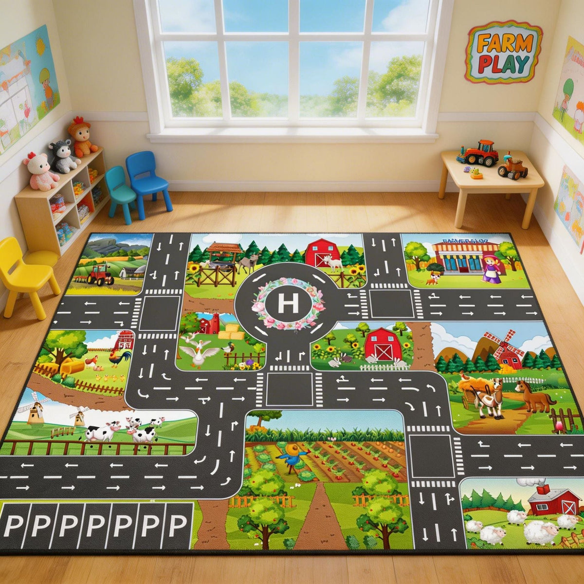 Tapete Infantil de Juego con Pista de Carreras y Ciudad