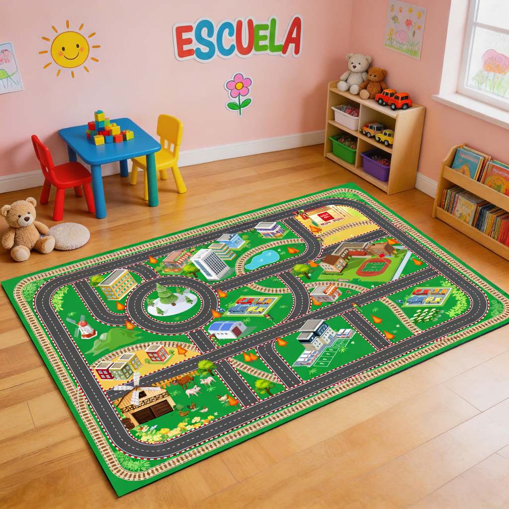 Tapete Infantil de Juego con Pista de Carreras y Ciudad