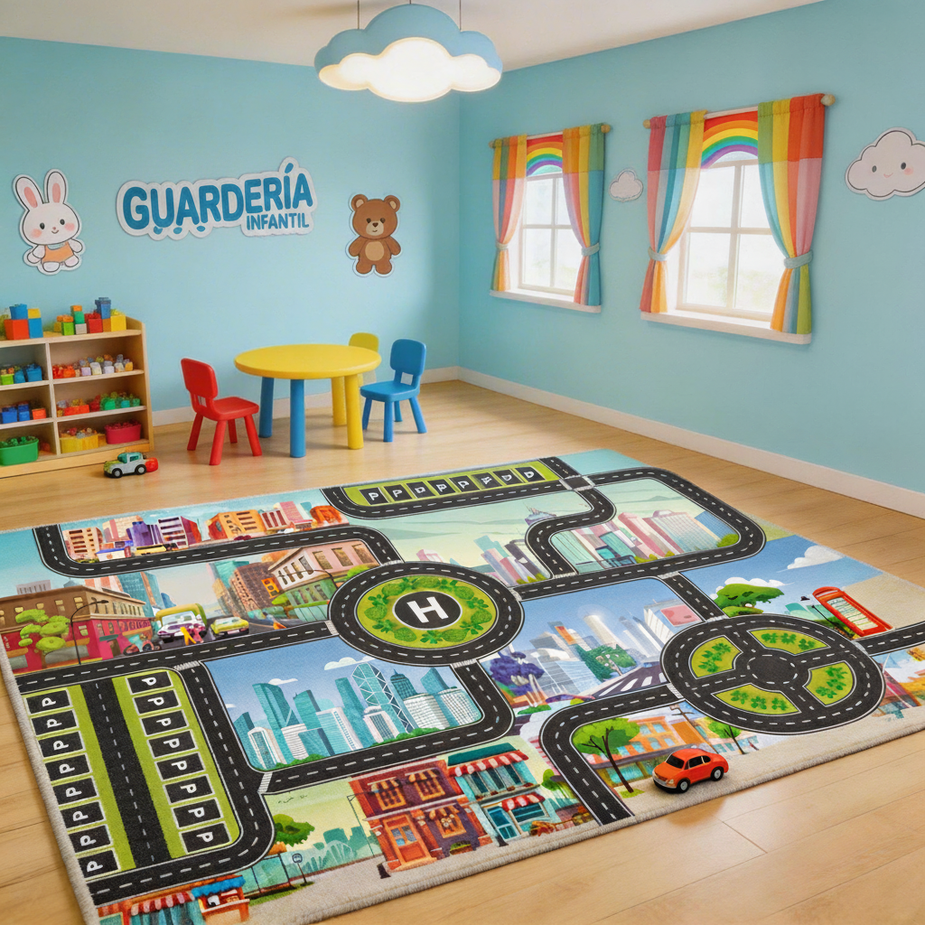 Tapete Infantil de Juego con Pista de Carreras y Ciudad
