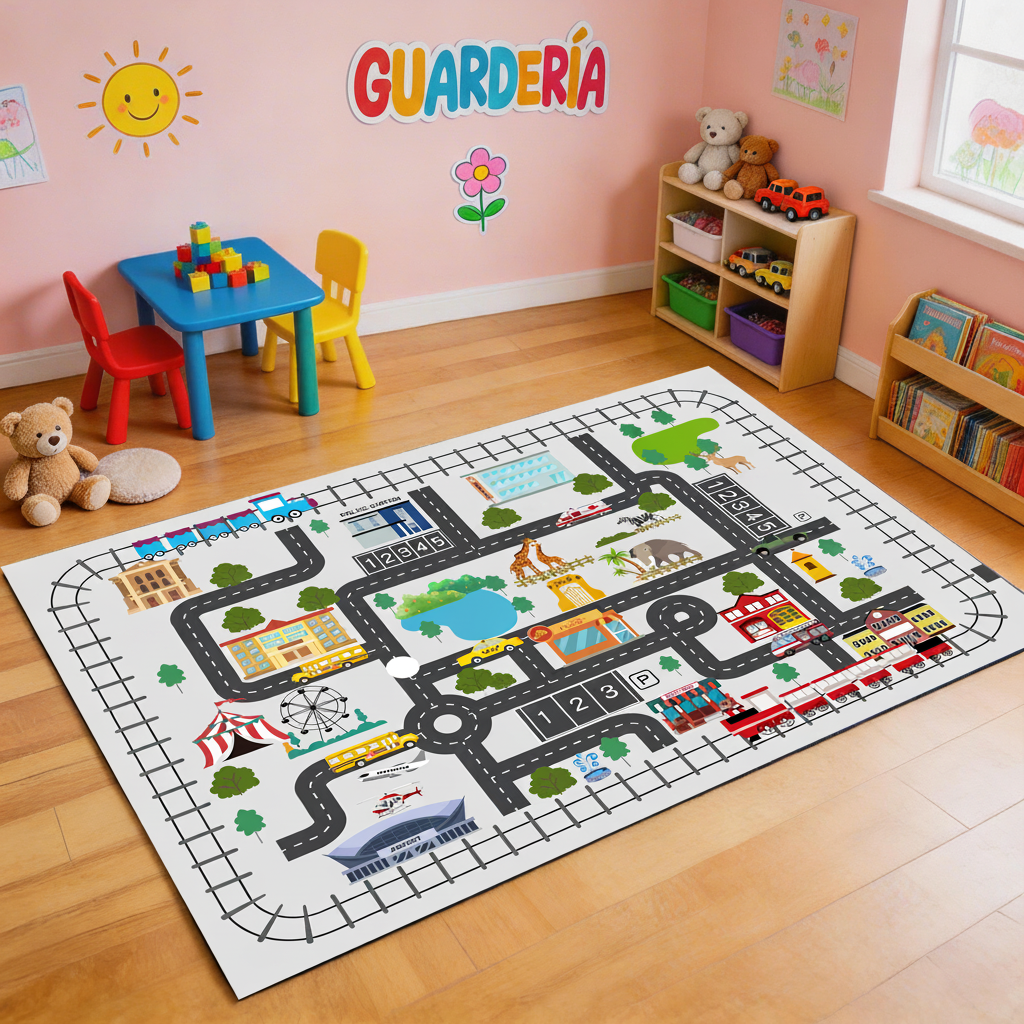 Tapete Infantil de Juego con Pista de Carreras y Ciudad