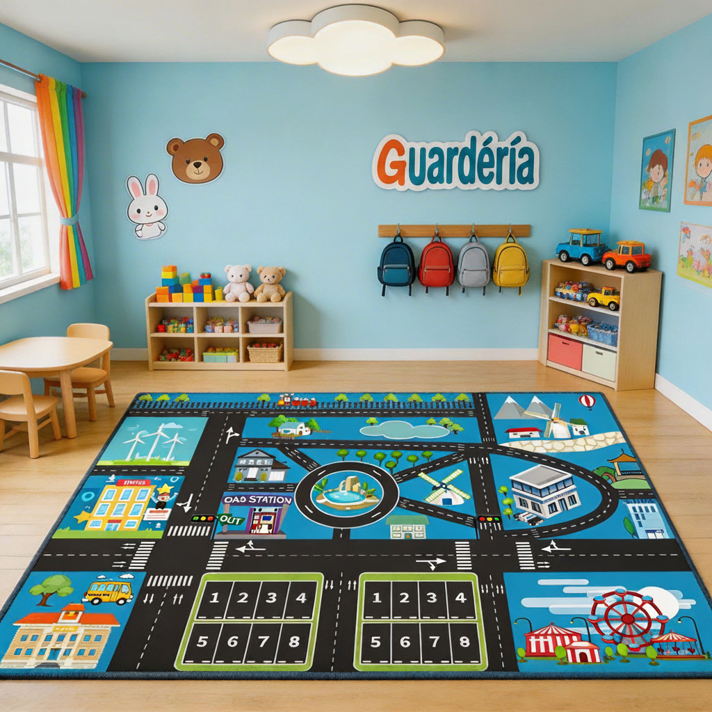 Tapete Infantil de Juego con Pista de Carreras y Ciudad