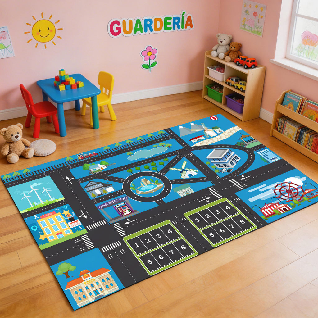 Tapete Infantil de Juego con Pista de Carreras y Ciudad