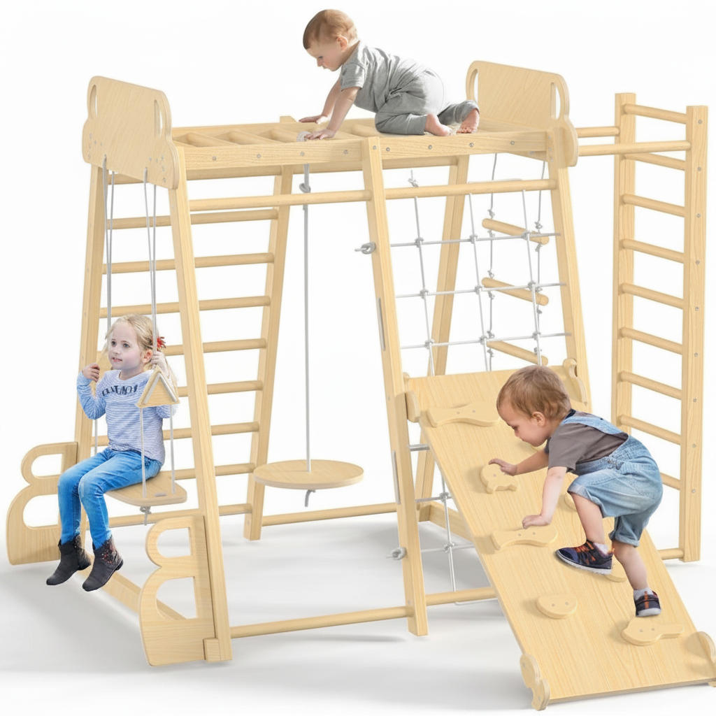 Gimnasio de madera infantil con columpio y resbaladilla - 1