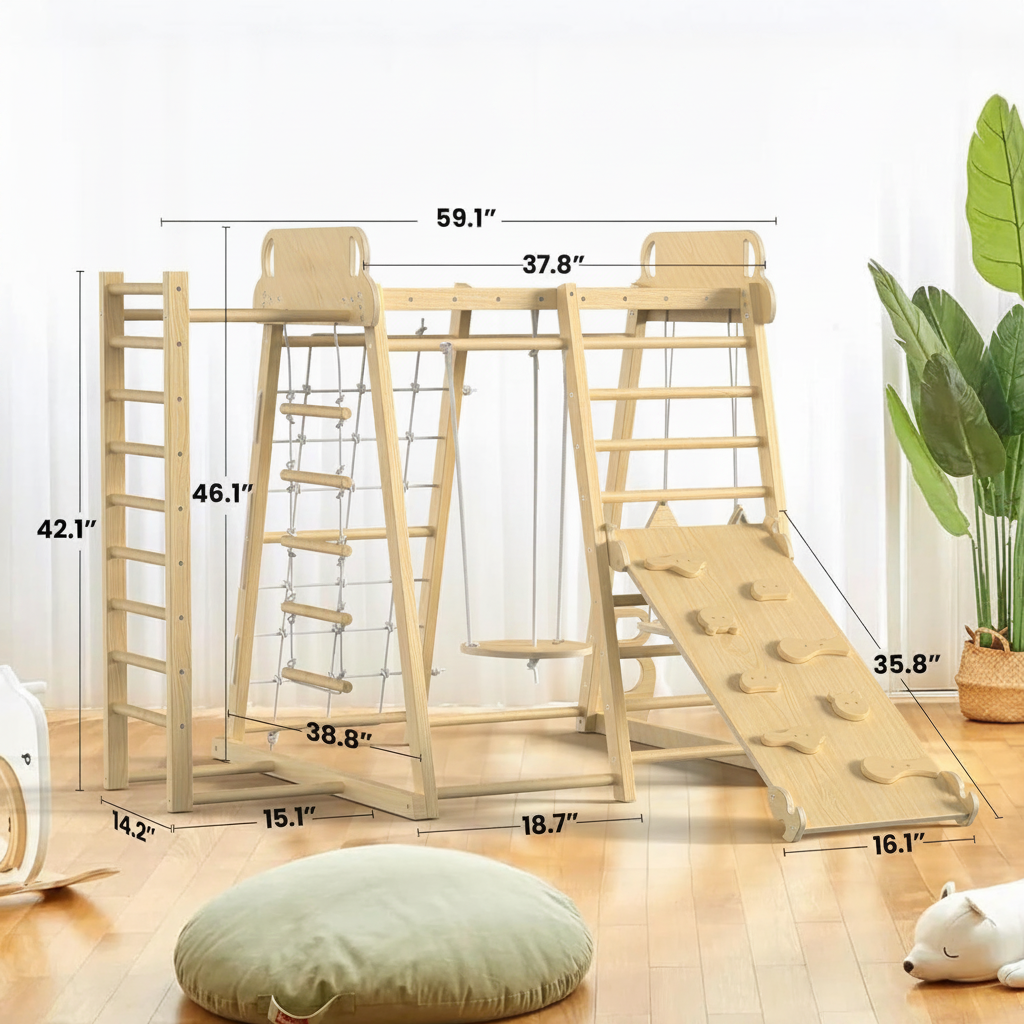 Gimnasio de madera infantil con columpio y resbaladilla - 2