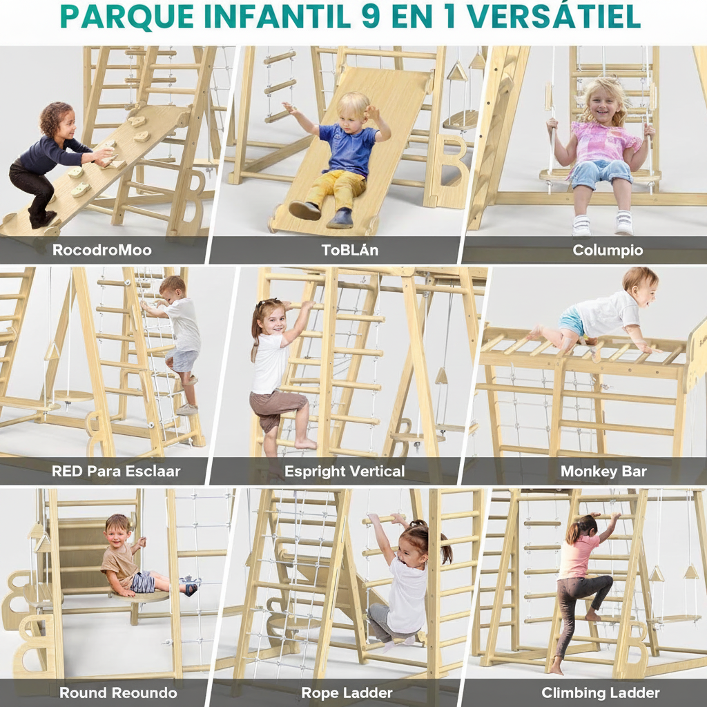Gimnasio de madera infantil con columpio y resbaladilla - 3