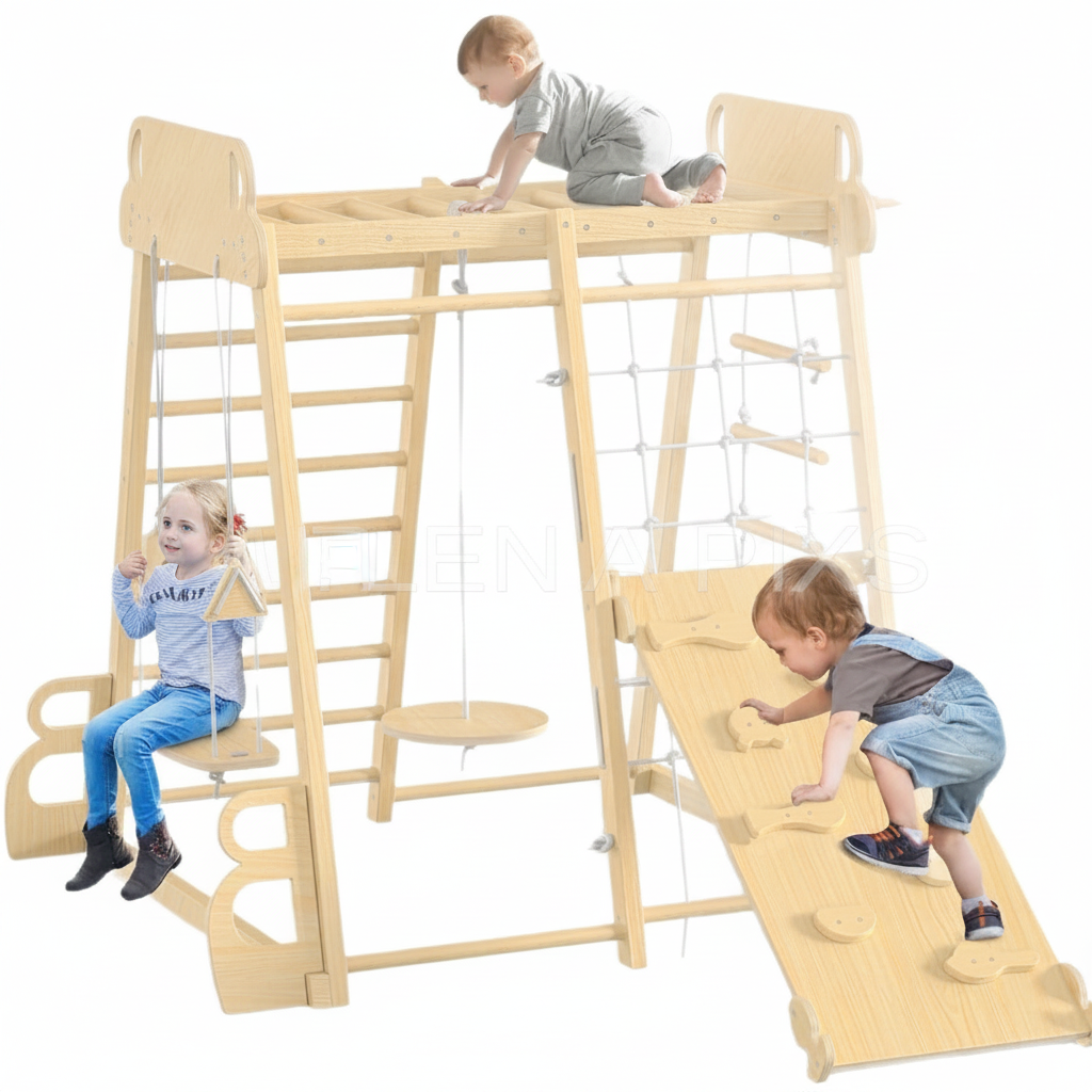 Gimnasio de madera infantil con columpio y resbaladilla - 4