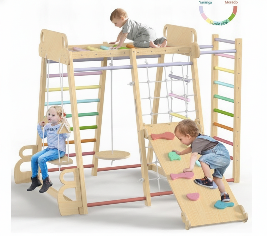 Gimnasio de madera infantil con columpio y resbaladilla - 5