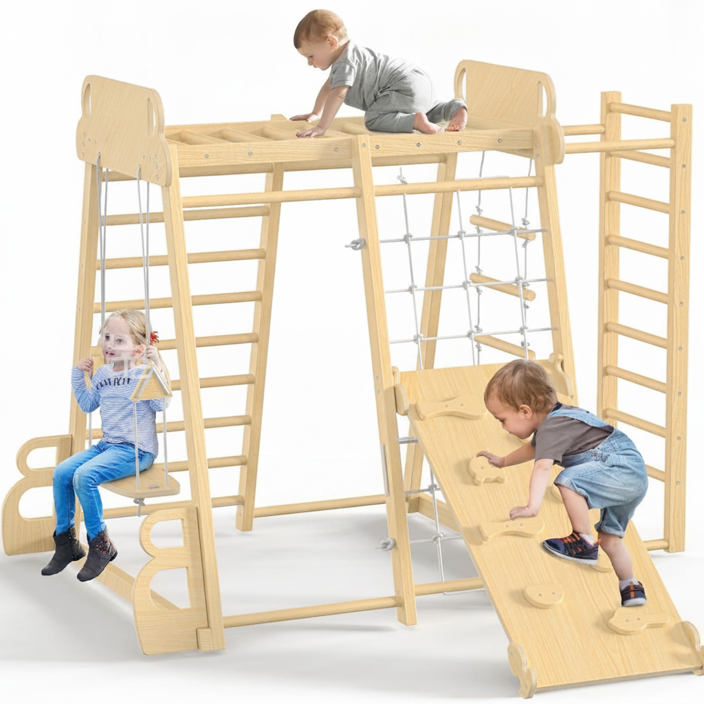 Gimnasio de madera infantil con columpio y resbaladilla - 7