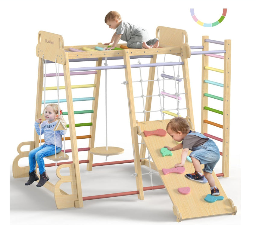 Gimnasio de madera infantil con columpio y resbaladilla